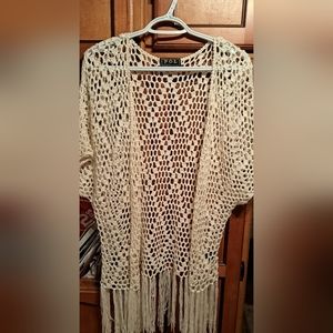 Ladies Gorgeous POL Macrame/Crochet Open Front Ivory Fringed Cardigan Small